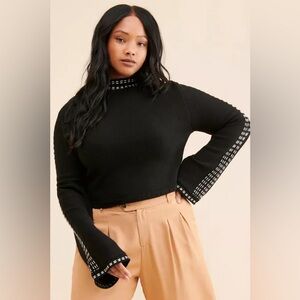 4SI3NNA Keegan Mock Neck Black Sweater with White Stitching Cropped Bell Sleeves
